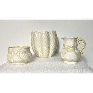 Vintage Belleck Cobb Tulip Luster Vase, Luster Yellow Ribbon Creamer, Sugar Bowl